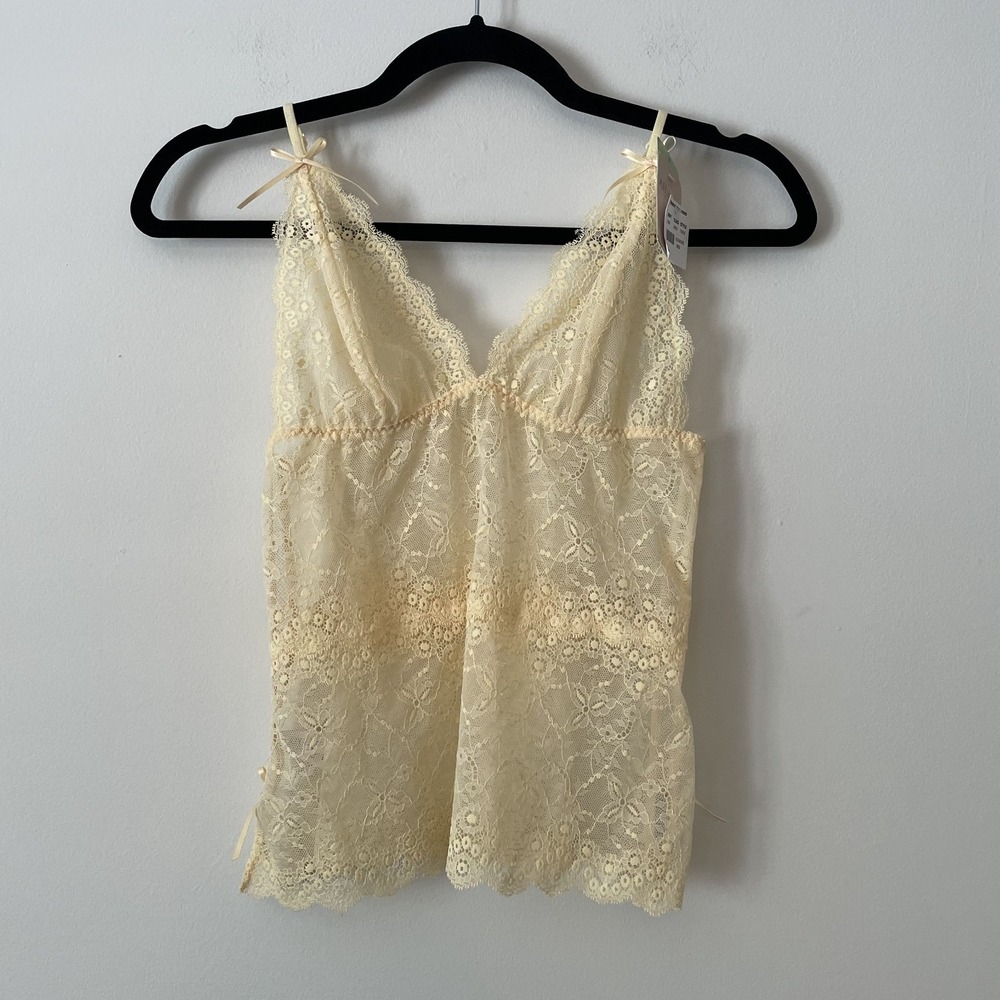 NWT Babydoll Sheer Lace Cami Top Butter Yellow Sz M Coquette Fairy Feminine Y2K
